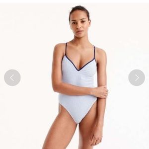 Lace-up back one piece tipped seersucker swimsuit